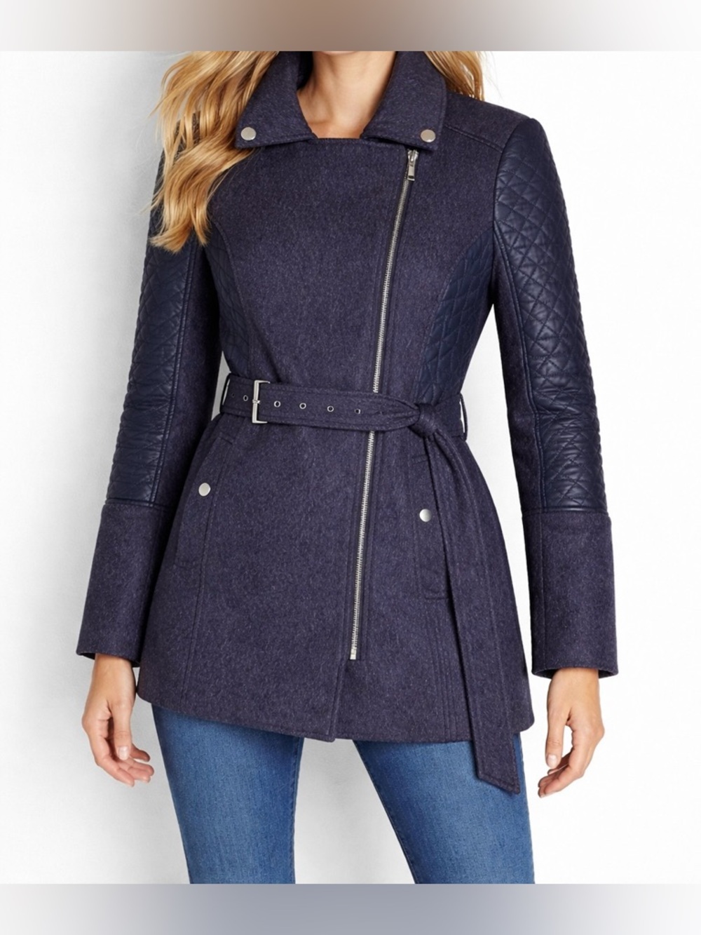 Michael Kors Asymmetrical Quilted Belted Blue Faux Fur Lined Coat NWOT Size M